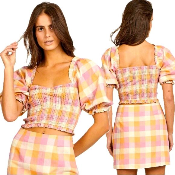 NEW Charlie Holiday Pink Multi Check Andrea Smocked Puff Sleeve Crop Blouse S/4 - Picture 1 of 13